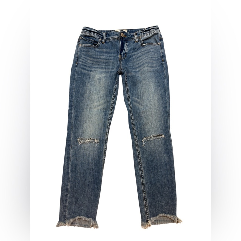 Free People Skinny Ankle Frayed Hem Mid Rise Blue Denim Distressed Jeans size 27